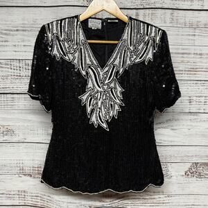Stenay Black Sequin Top White Embellishments Art Deco Medium